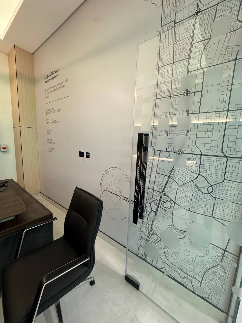 ARC Design – Office area with engraved glass map, Control Room Project, Dubai