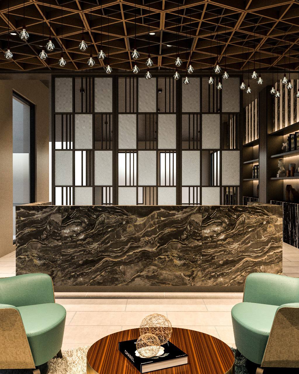 ARC Design – Luxury bar reception at Sky Bar, Saadiyat Island, Abu Dhabi | Modern marble counter with decorative ceiling design