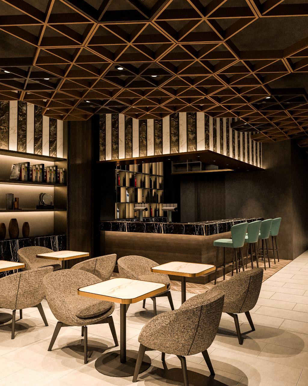 ARC Design – Luxury Sky Bar interior at Saadiyat Island, Abu Dhabi | Modern bar design with marble counters and elegant seating by ARC Design UAE